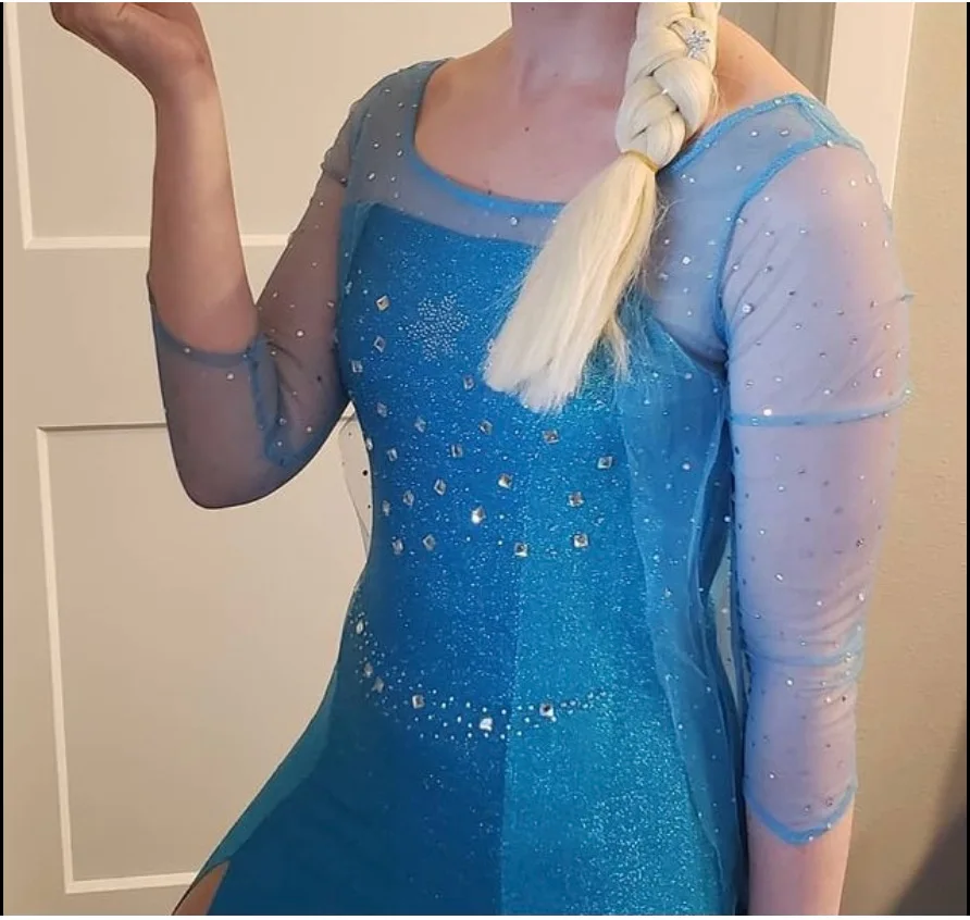 女性のためのエルザ姫のドレス,ハロウィーンの衣装,大きいサイズ,長いスタイル,スパンコールのついた青いドレス,パーティー,大人