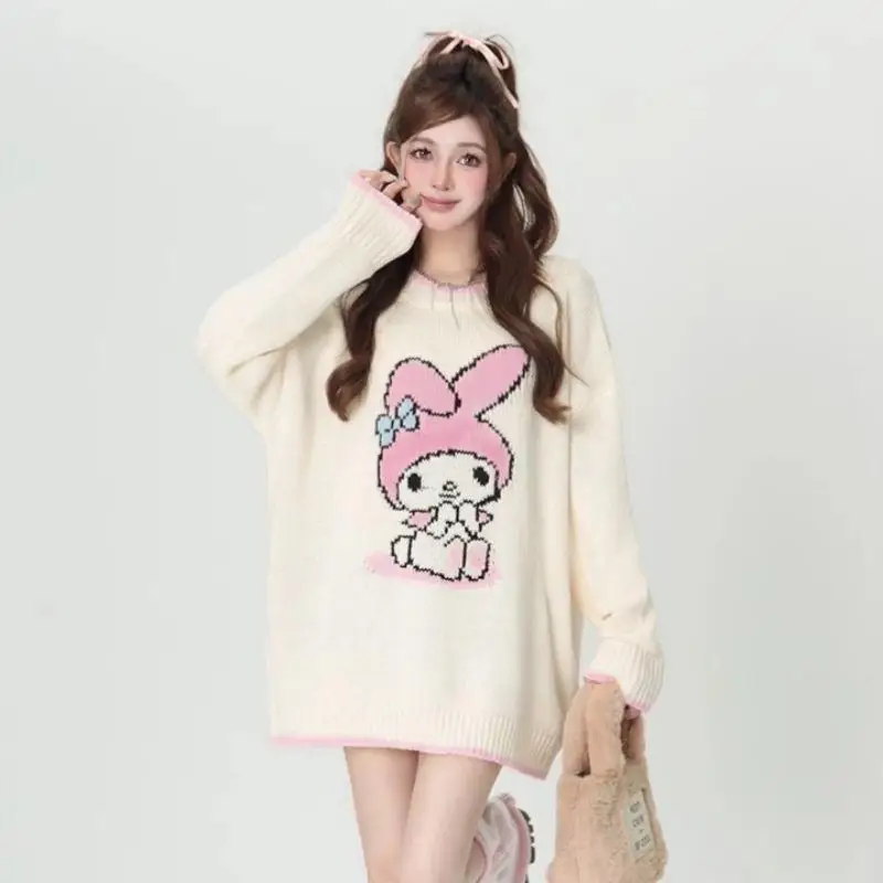 Hot Sanrios My Melody Knitted Sweater Anime Loose Crew Neck Tops Cute Casual Pullover Cartoon Bottoming Shirt Sweet Girl Gift