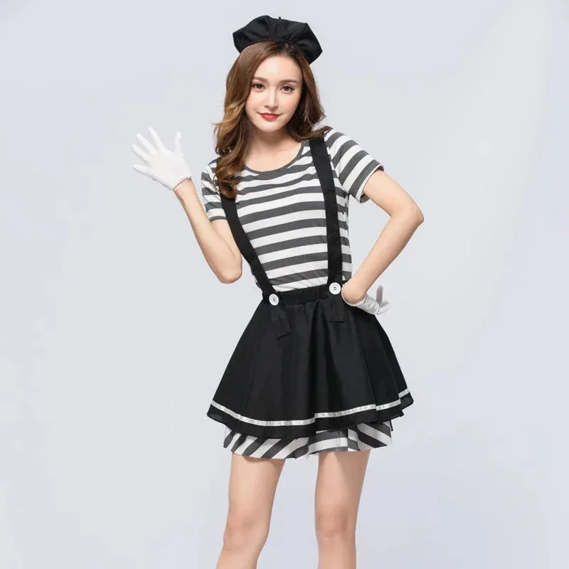 Adulte affascinant Mime Cosplay femmes Sexy drôle cirque Clown Costume pour Halloween fête déguisement avec s IN3598x;3, v'6.f;9,