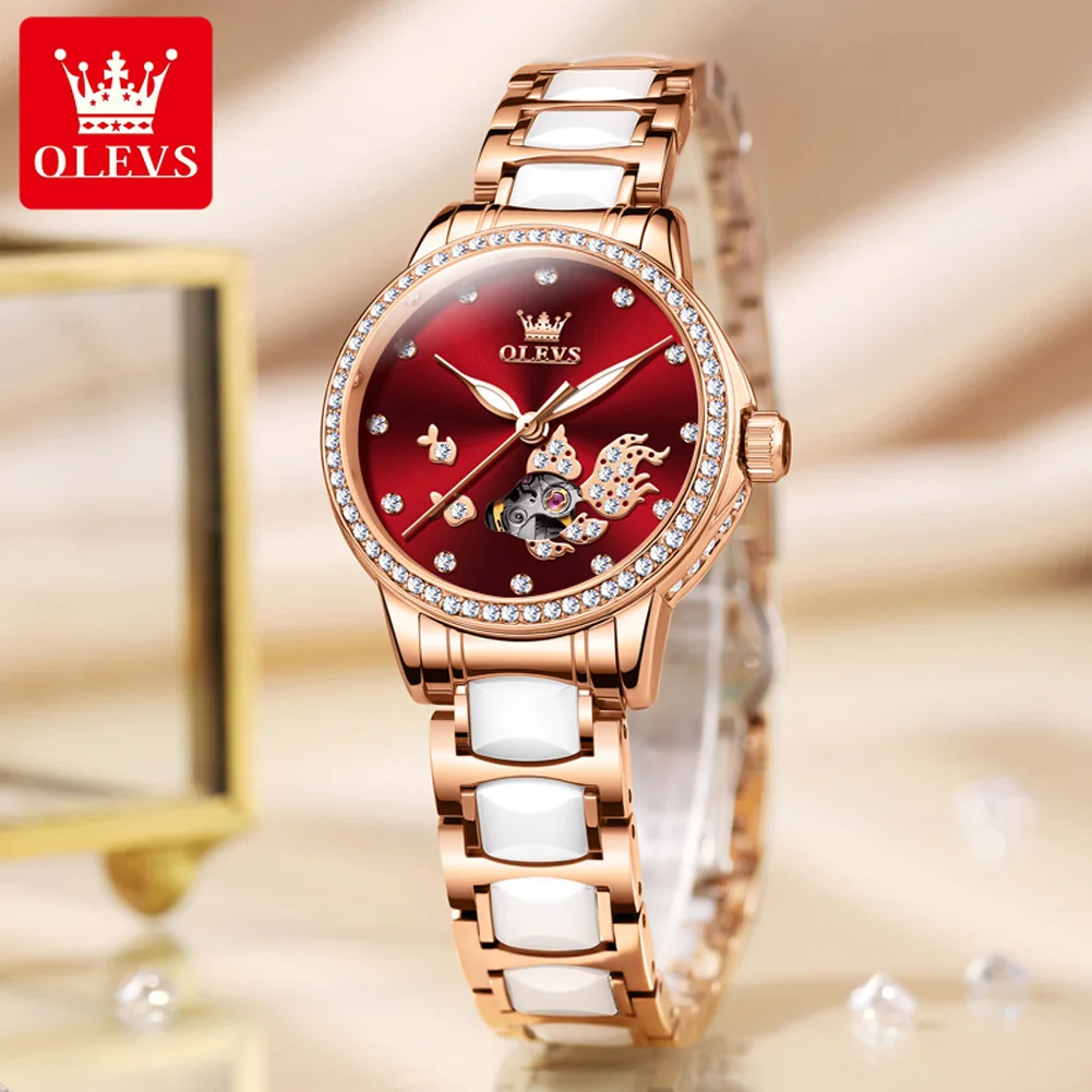 OLEVS 7001 Luxury Mechanical Watch for Women Ceramic Strap Waterproof Woman Wristwatch Original