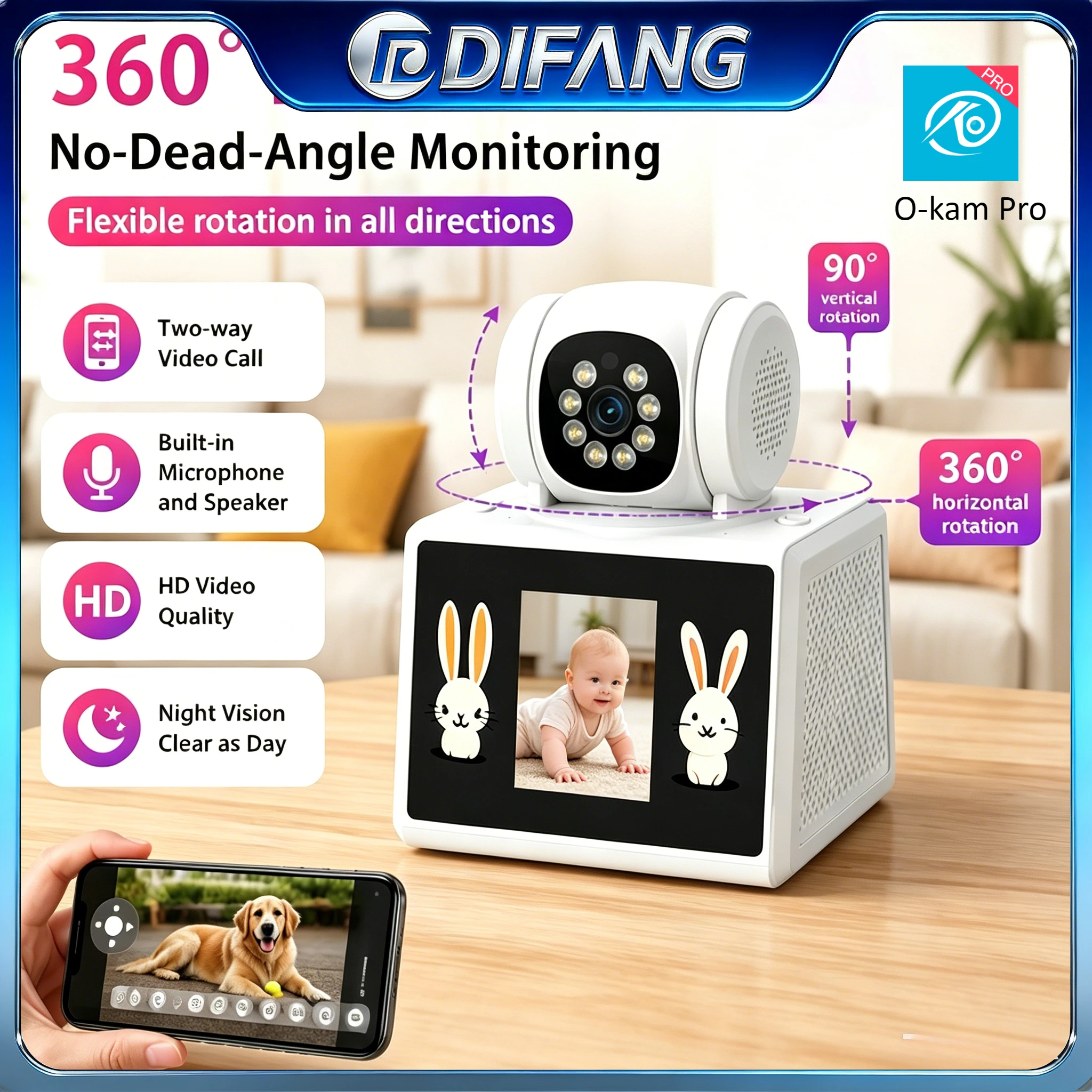 

O-kam 5MP Two Screen Video Call Baby Monitor WiFi Indoor PTZ Security Camera Two-Way Video AI Tracking Home Surveillance Camera