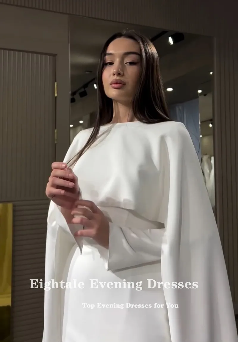 Eightale Arabic Wedding Dress Customized White Ivory O-Neck Cap Long Sleeves Mermaid Muslim Satin Bridal Gown Robe De Mariée