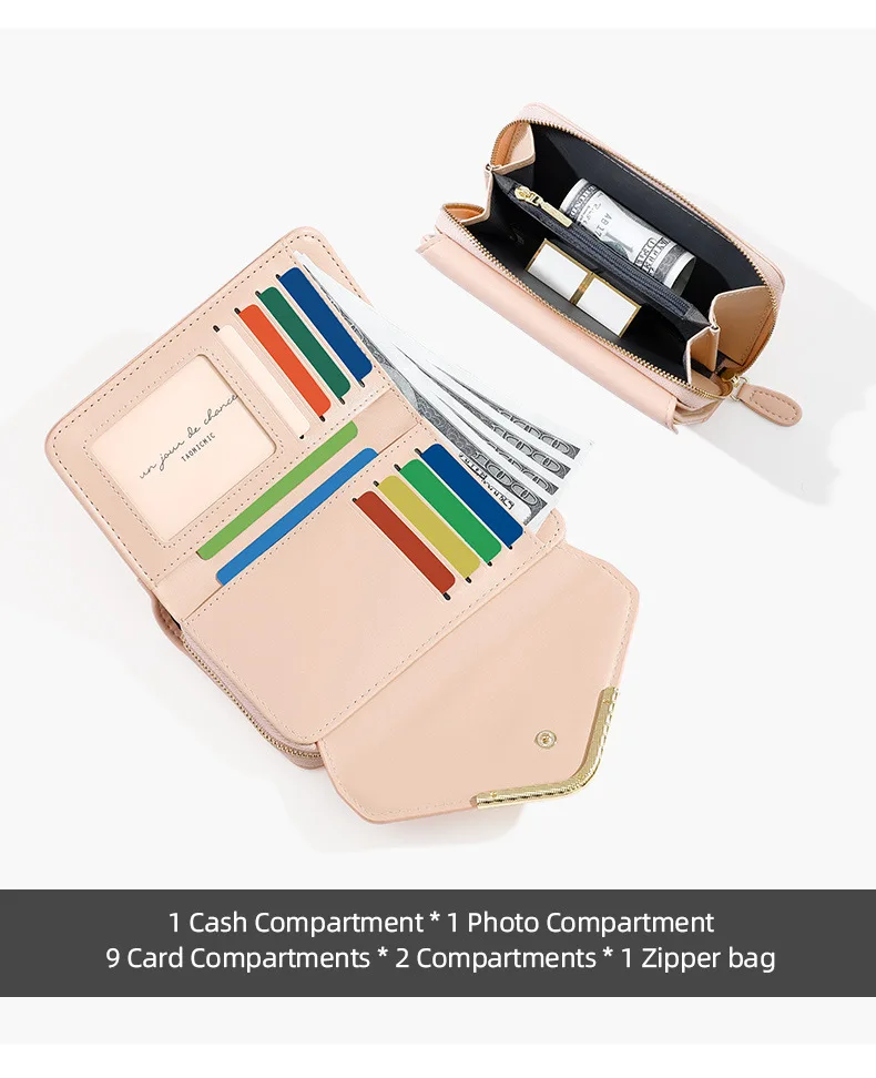 ElegantMid-Length Envelope Wallet for Women Simple Stylish PU Coin Card Holder with Zipper Multiple Card Slots International Tra