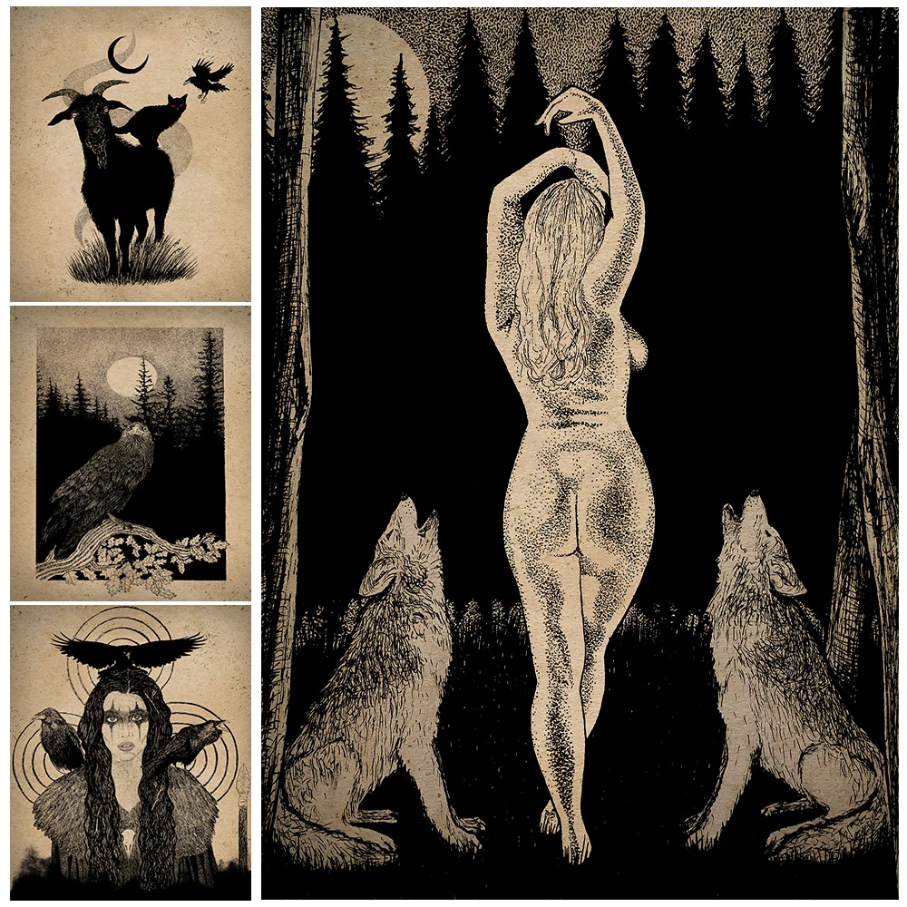 Satanic Goat And Full Moon Crow Gothic Pagan Wall Art Canvas Painting Folk Horror Wicca Art Poster And Print Home Decor Unframed