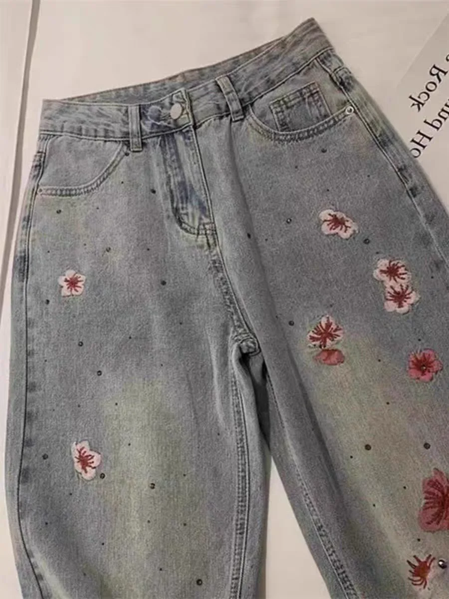 Embroidered cherry blossom jeans female summer new casual retro design high waist slim straight wide-leg pants. jeans woman