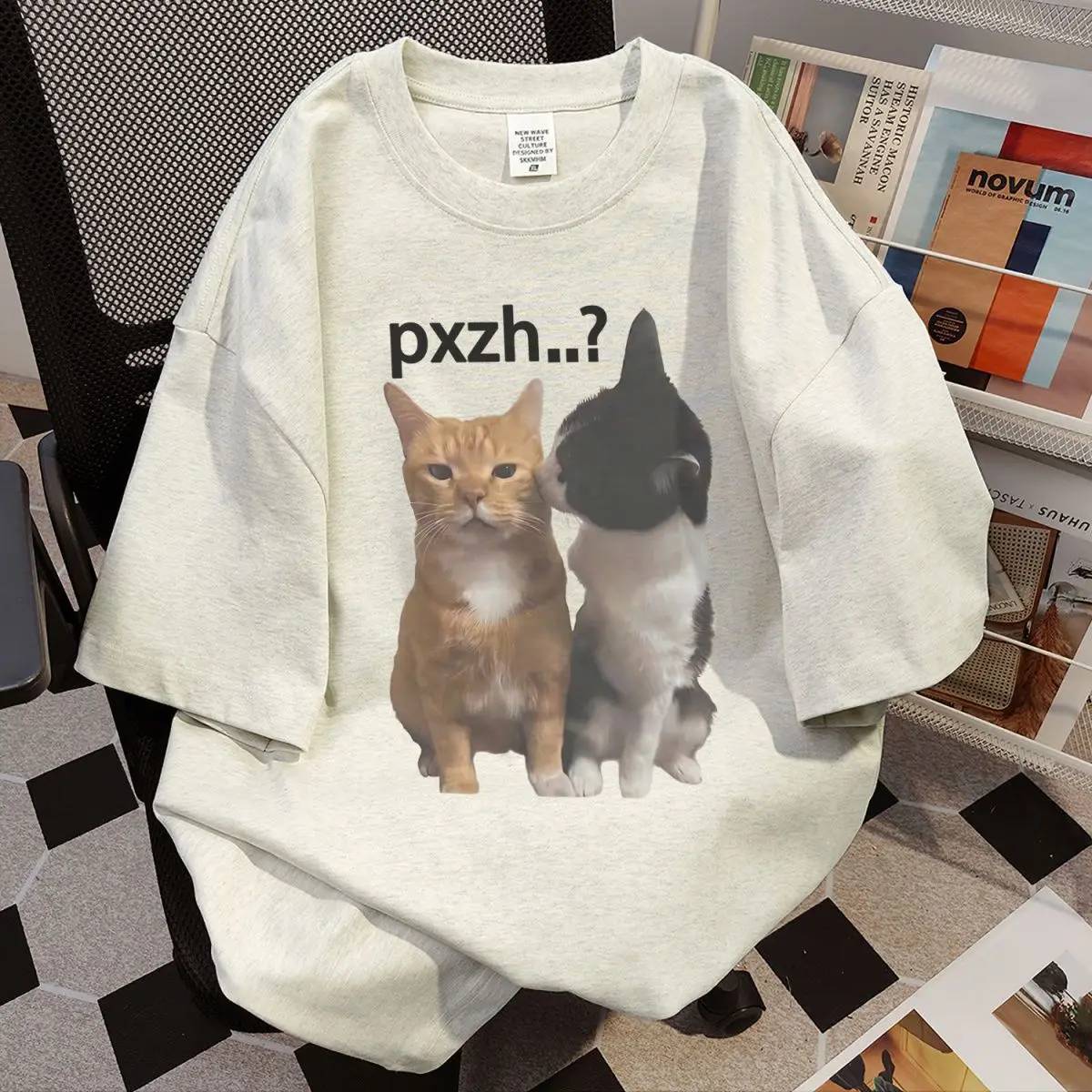 

Trendy American Street Clothing Ins Printed T-shirt Summer Kitten Cute Men and Women Hip-hop Personality Half-sleeved Tops