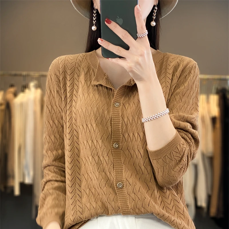 2023 Spring Autumn New 100% Cotton Round Neck Cardigan Women\'s Sun Protection Shirt Hollow Loose Knitted Top Long Sleeve Coat