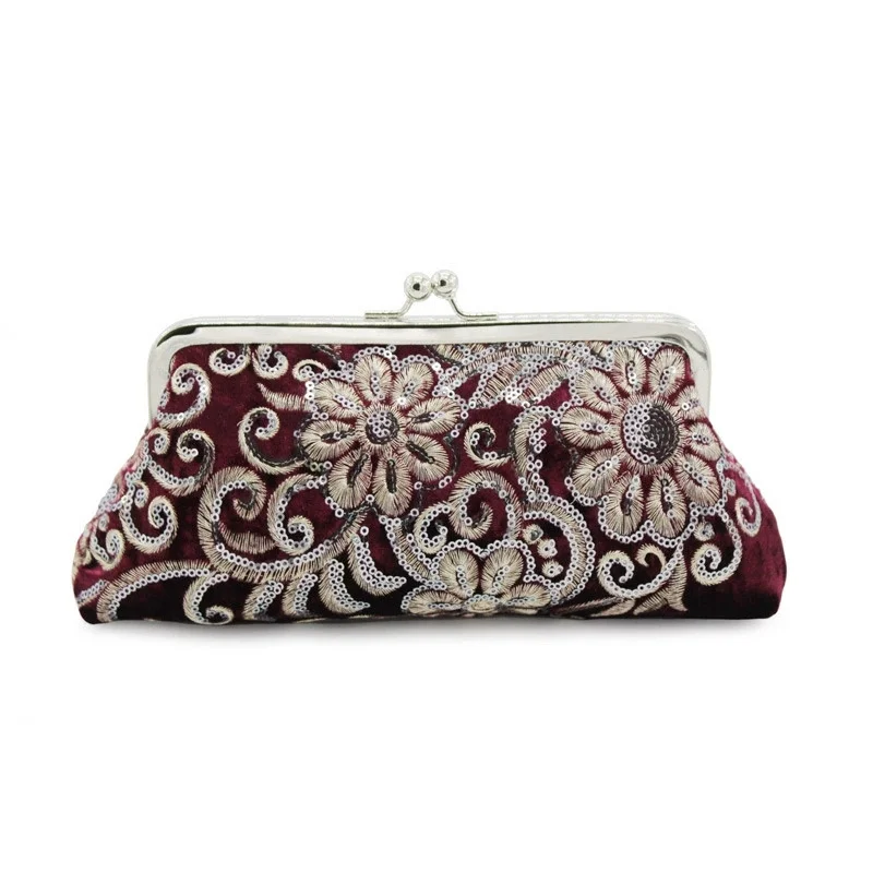 Retro Embroidery Evening Purse Women's Chinese Style Vintage Velvet Clip Bag Soft Light Sequined Qipao Clutch Bags Burgundy