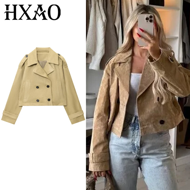 

HXAO 2025 Women's Crop Suede Jacket Demi-Season New In Coats & Jackets Ladies Fashion Khaki Long Sleeve Outerwears Chic Jackets