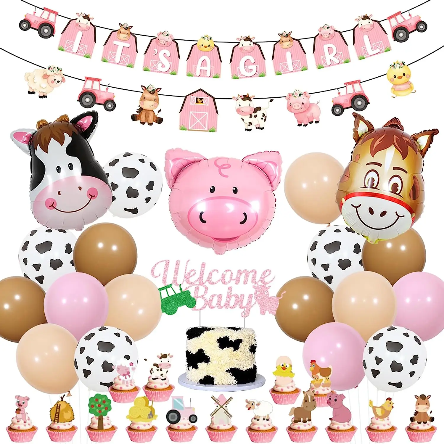 

Farm Animal Party Decorations, Baby Shower, Banner Garland, Cake Toppers, Pink Balloons, Gender Reveal Supplies, It's A Girl