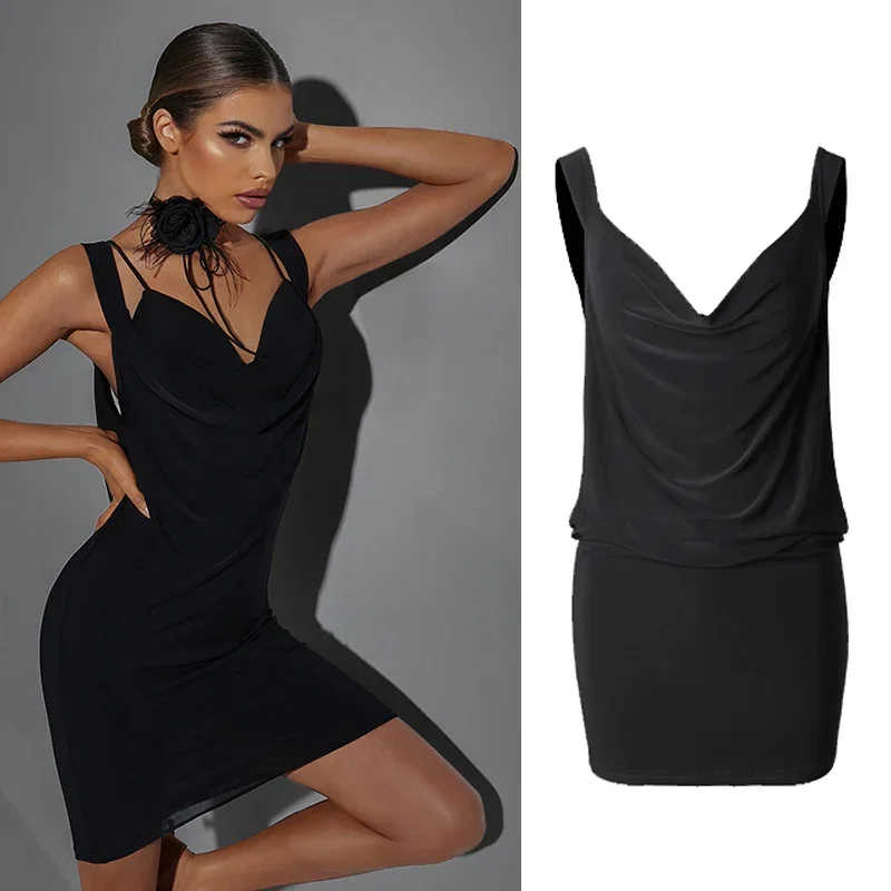 

Summer Latin Dance Clothes Women Beskless Black Dress Sexy Prom Costume Rumba Tango Ballroom Dance Wear Practice Dress DNV17798