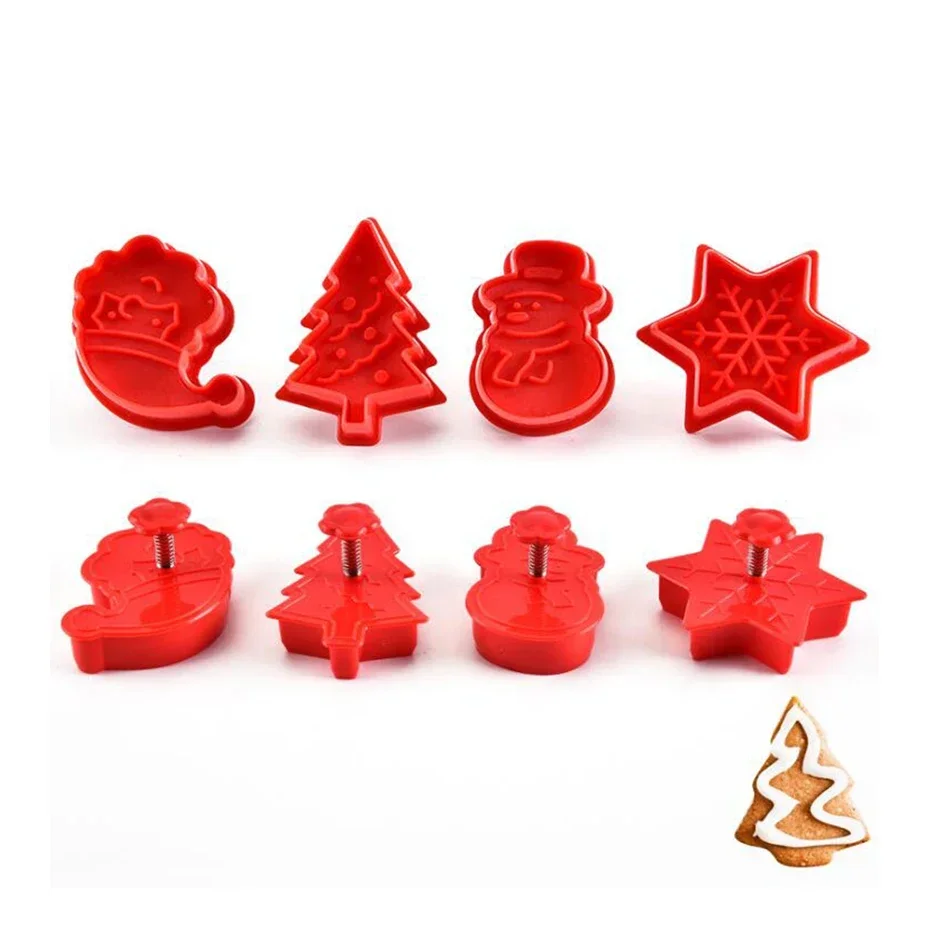 KHGDNOR Plastic Biscuit Presser Christmas Cookie Maker Mold 4pcs/set Cake Plunger Cutter Baking Moulds