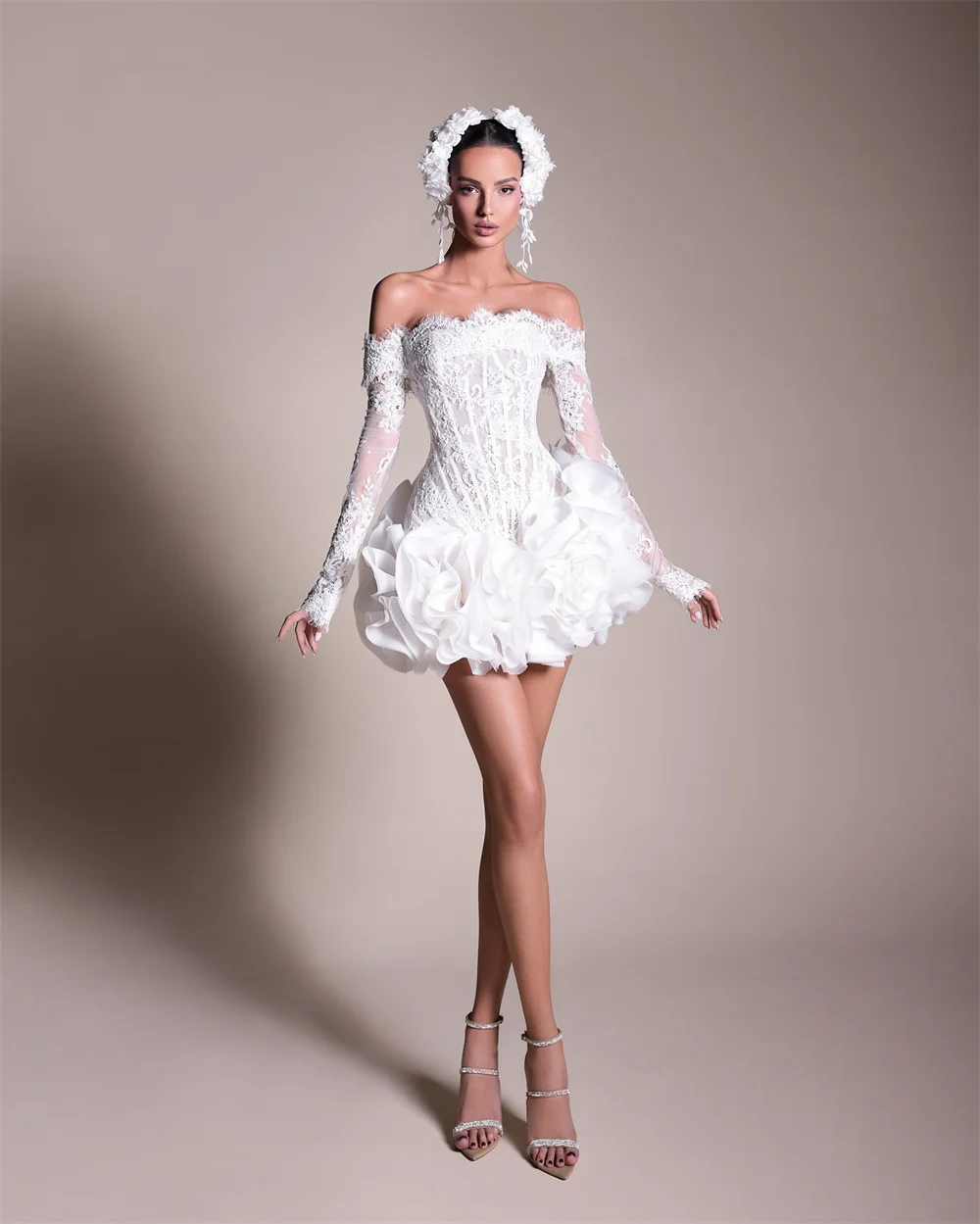 Customize Mini Lace Appliques 3D Flowers Wedding Dress White Off Shoulder Long Sleeves vestidos de novia Ball Gown After Party image 2