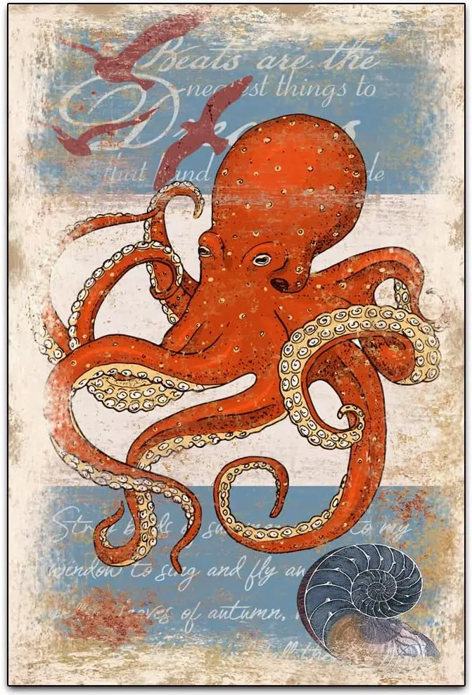 Wonderful Creature Vintage Wall Decoration Tin Metal Signs Artwork - Red Octopus - A Funny Gift for Friends Original Vintage Des