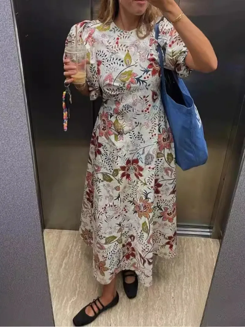 

Women Vintage Maxi Dress Clothing 2024 Summer New Fashion Distinctive Printed Short-sleeved Waist Long Dress Women Dress