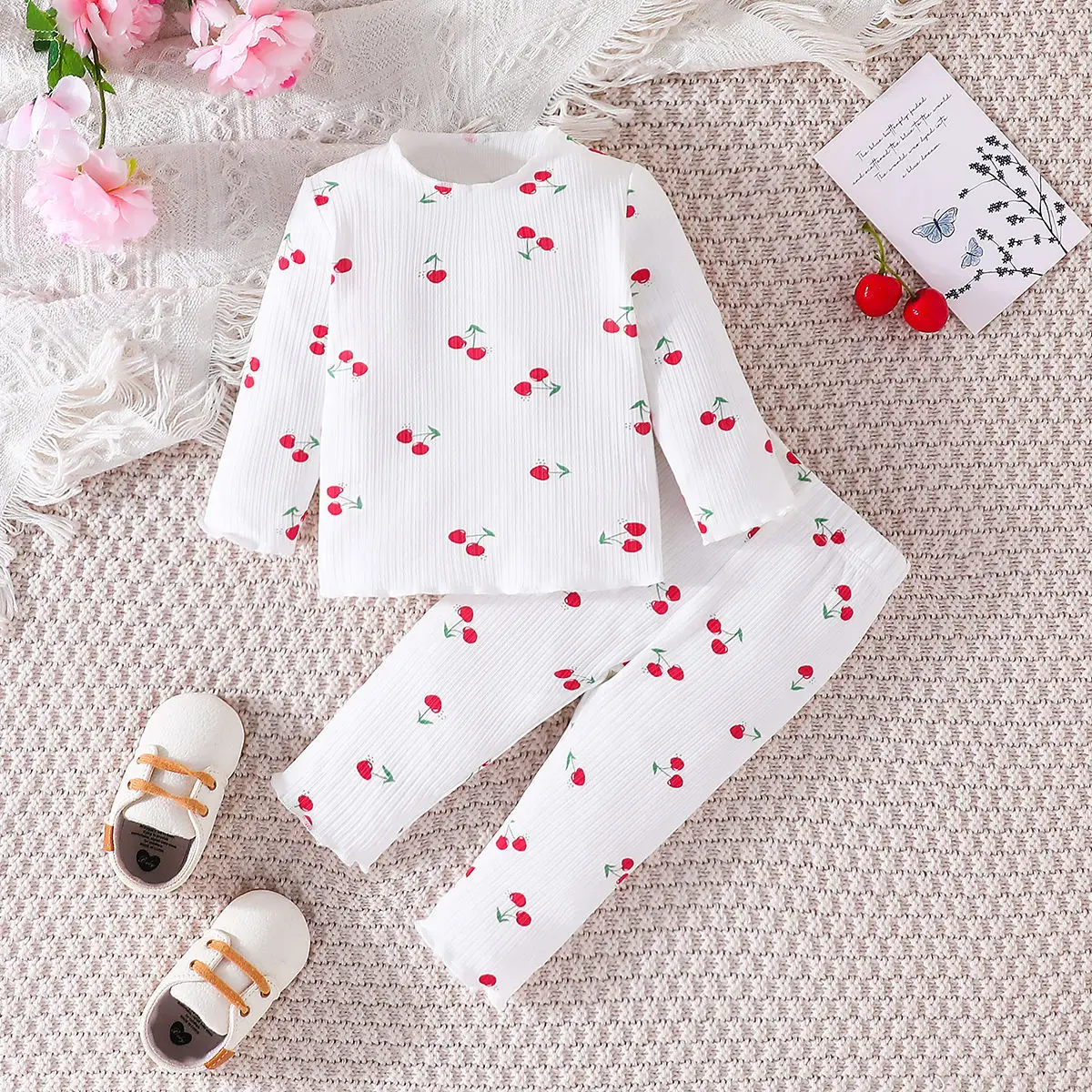 

2023 Winter Children Sets Long Sleeve O Neck Print Cherry White 2 Pcs Roupa Infantil Menina Clothes Sets 0-2T