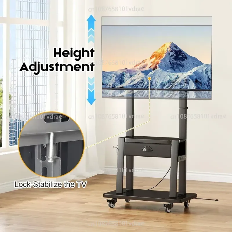 Rolling TV Stand with Sockets and Drawers; Supports Up To 55kg; Height-adjustable