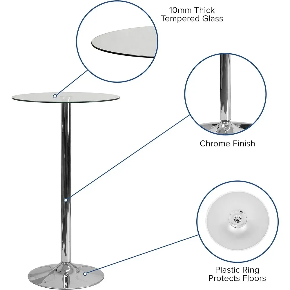 Bartafel 23.5 "Ronde Glazen Tafel Met 35.5" Hoge Chromen Basis