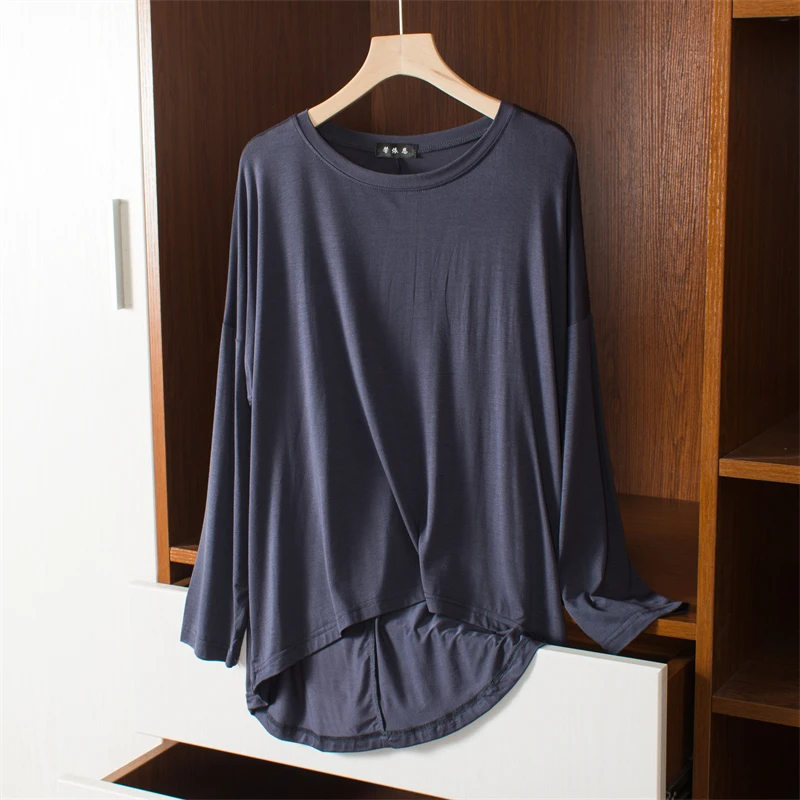 

Loose-fitting Blouse Spring and Autumn Round Neck Long-Sleeved Thin Solid Color Bottoming Woman Clothes T-shirt