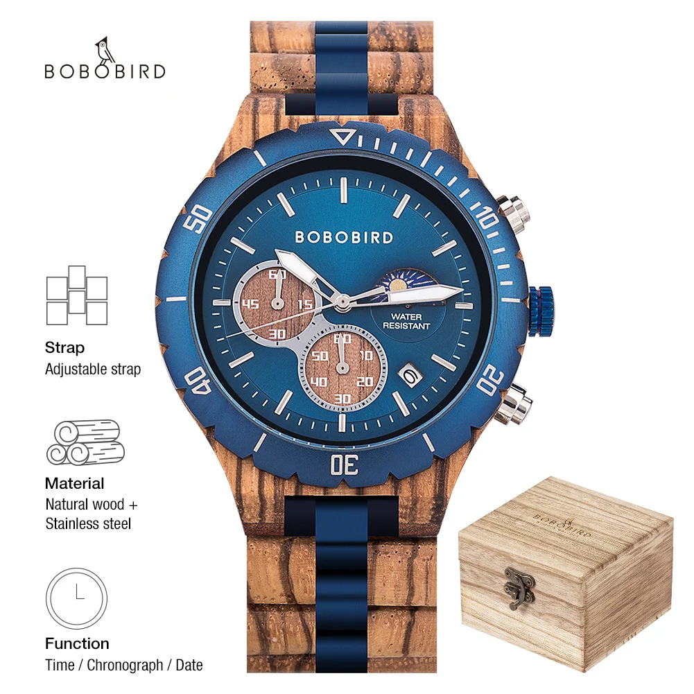 BOBO BIRD Watch Men Wood and Stainless Steel Combined Luxury Quartz Wristwatch Moon Phase Auto Date Chronograph Watches for Man