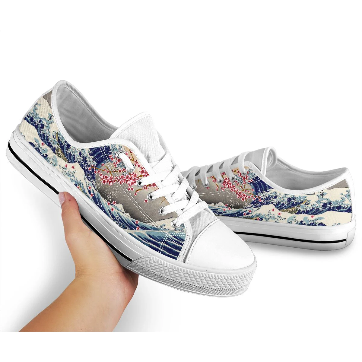 The Great Wave Saruka Flower Women Casual Flat Shoes Lace-up Loe Top Canvas Sneakers Big Size 45/46