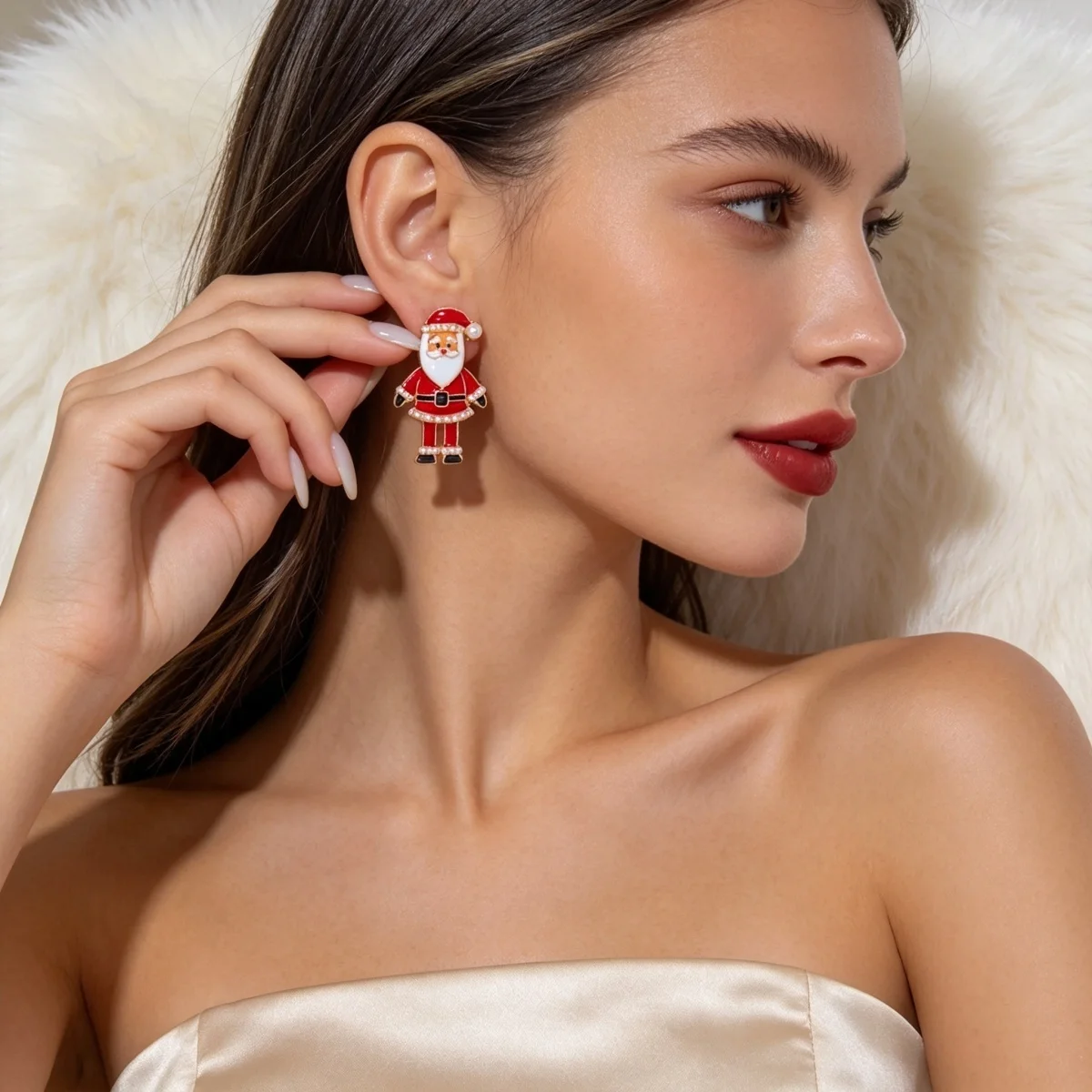 Kreative asymmetrische Ohrstecker mit Weihnachtsmann und Weihnachtsfrau mit langen Beinen für Damen, Imitationsperlen, Weihnachtsfiguren-Ohrringe, Schmuck – Detail 16