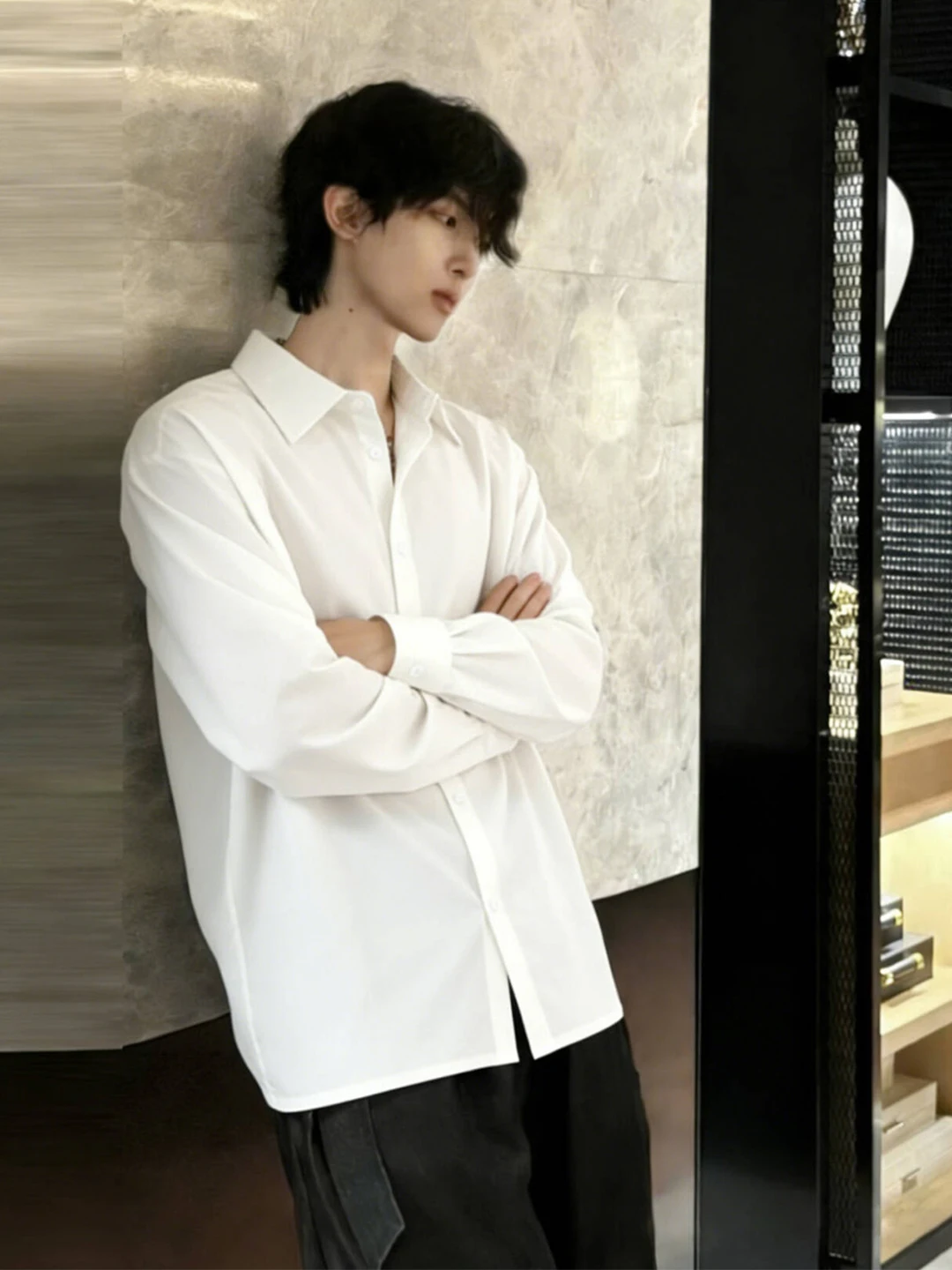 White Long Sleeve Men's Shirt Cleanfit Inner Wear Dk Suit Top Spring Season Premium Feel Loose Fit Youthful Style Button Closure