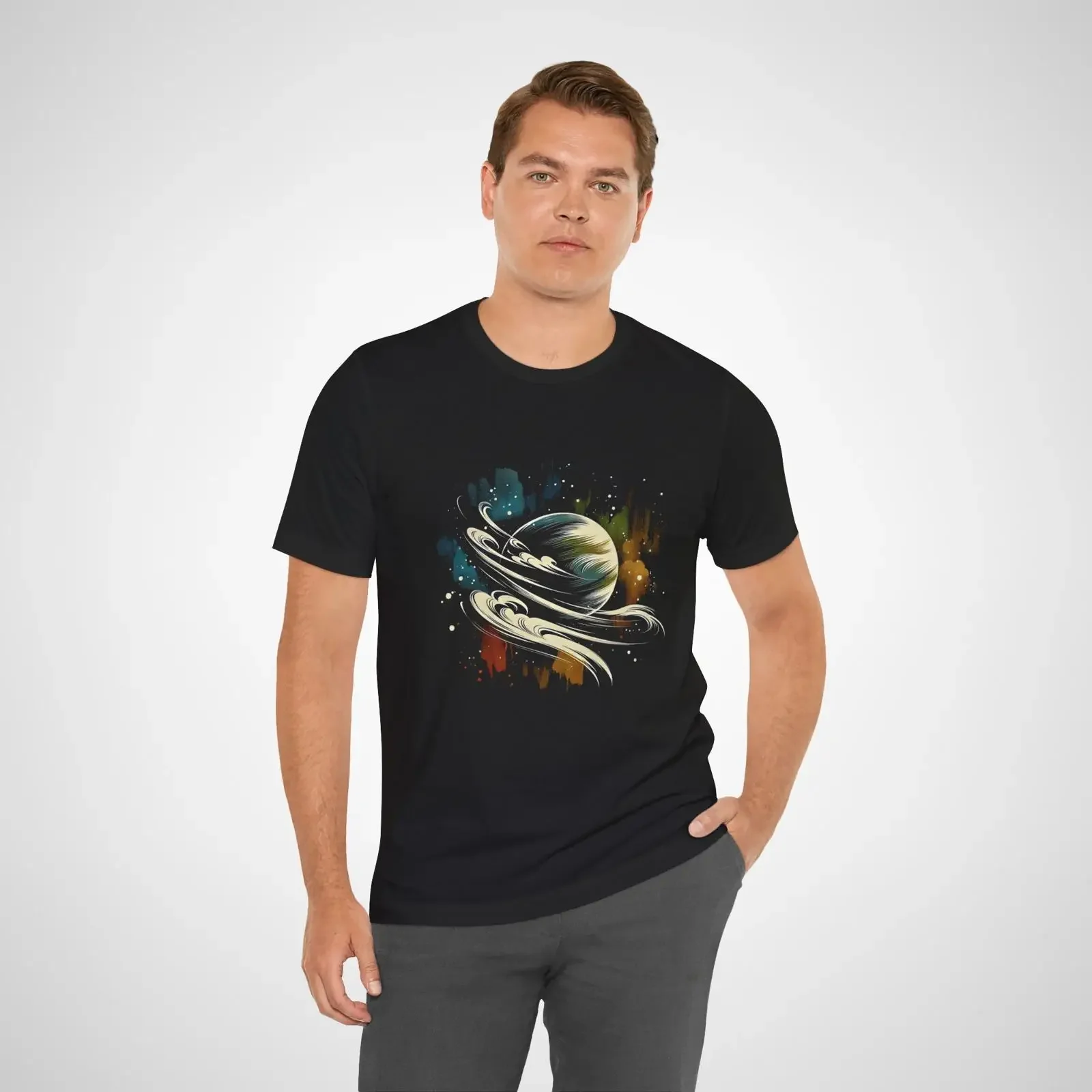 T-shirt pour homme Sumi e Ink Planet, motif artistique céleste japonais, style streetwear cosmique, décontracté, vintage, effet délavé, tendance et élégant