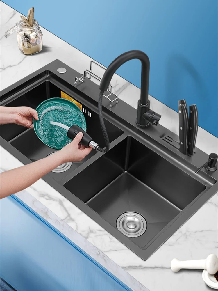 Kitchen Sink Black Double Bowl 304 Stainless Steel Home Cabinet Cutting Board Brsuhed Washing Basin Knfie Holder Pullout Faucet