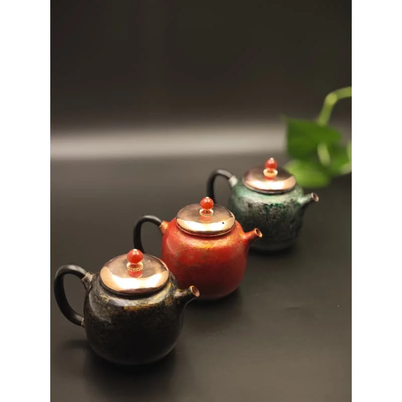 Black gold pattern handmade  teapot retro copper bronze veneer  pot red agate top bead decorative  pot