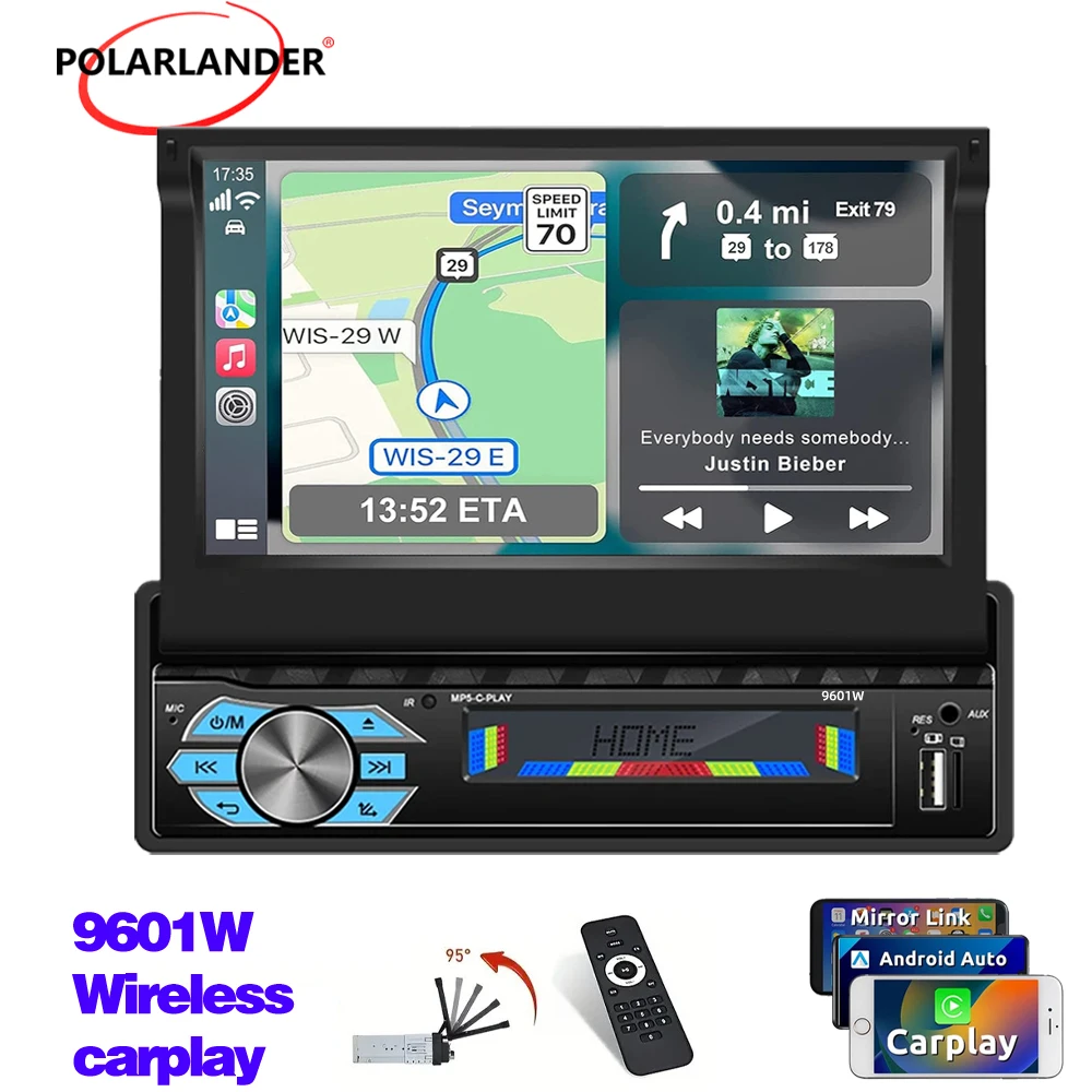 

1 Din Electric Retrackable Screen Mirror Link SWC Bluetooth HD FM 7" Wireless Carplay Car Audio Stereo TF/AUX USB