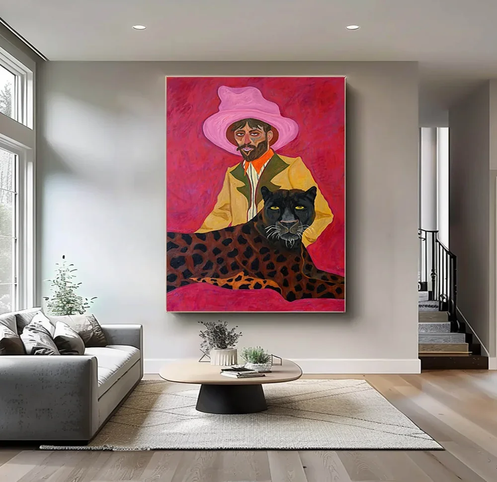 Panther Wall Art Print, Pink Hat Man Decor Painting, Yellow Coat Oil Posters, Bold Artworks for Living Room Bedroom Office