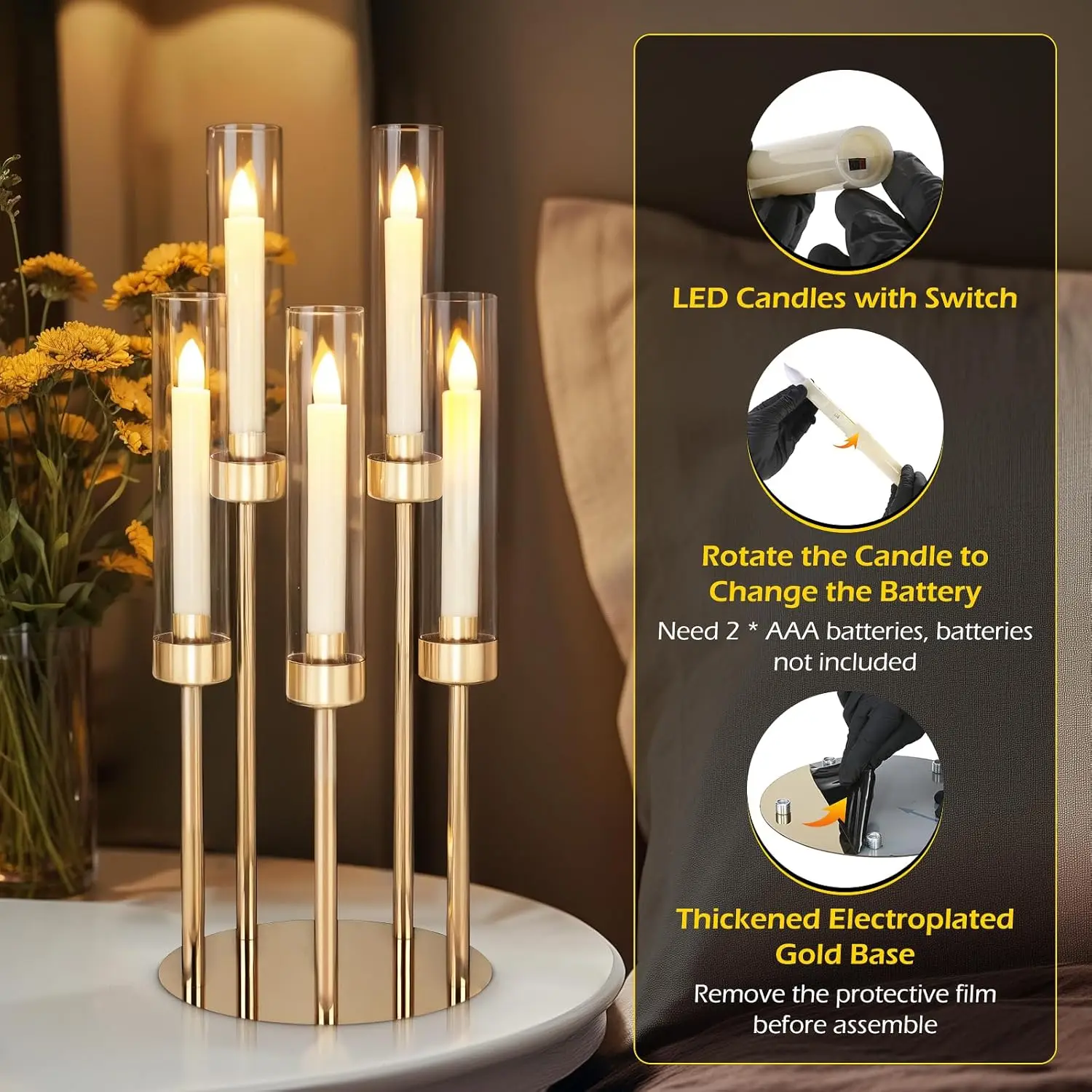 4 مجموعات من الشمعدانات الأرضية 5 أذرع 26.8 بوصة شمعدانات ذهبية طويلة مع عاكس الضوء من الأكريليك، قطع مركزية للطاولات #3