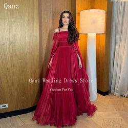 Qanz Red Luxurious Evening Dress Spaghetti Straps Cape Sleeves Pleat Formal Evening Dress Dubai Woman Prom Dress Customized