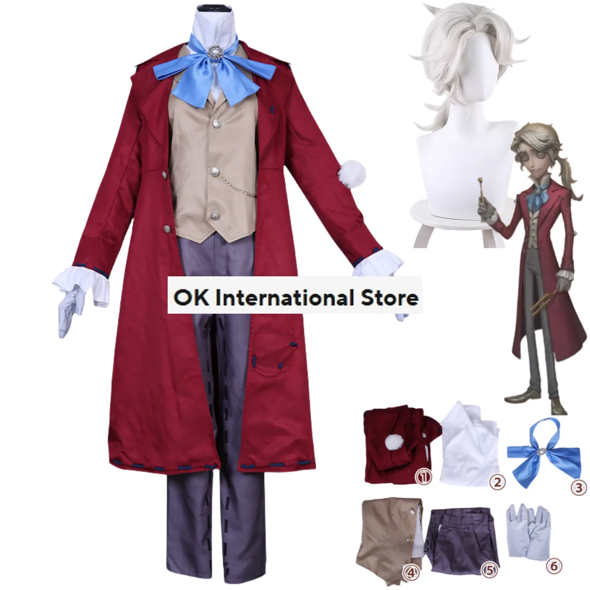 Traje de Cosplay de Anime para hombre adulto, traje de Carnaval de Halloween, con peluca, abrigo de cola, traje de personaje de juego Identity, Gibson Kreiburg