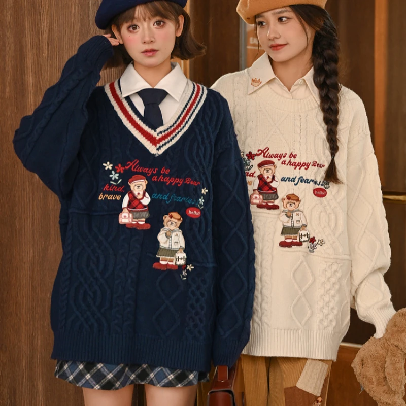 Harajuku Lolita maglione lavorato a maglia JK donne giapponesi stile preppy orso cartone animato ricamo pullover autunno inverno maglieria Y2k top