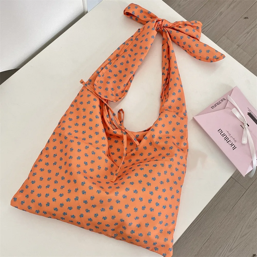 Retro Korean Style Tie Bow Shoulder Bag Prined Large Capacity Floral Pattern Canvas Bag Lightweight Handbags Handbag