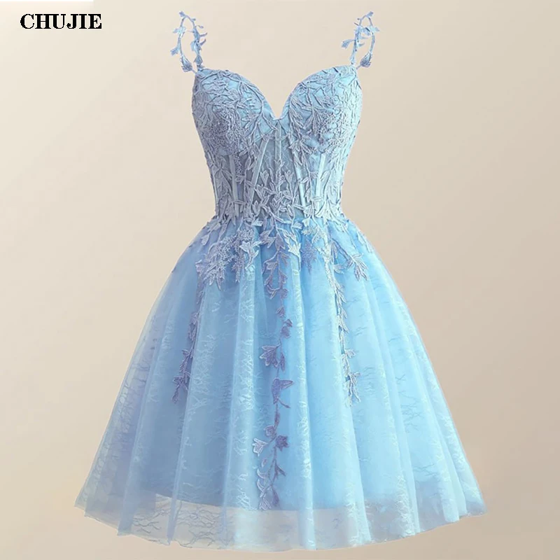 

Mini Homecoming Dresses Women Cocktail Dress Appliques Lace Up Spaghetti Straps Wedding Evening Party Gown Vestido de Graduación