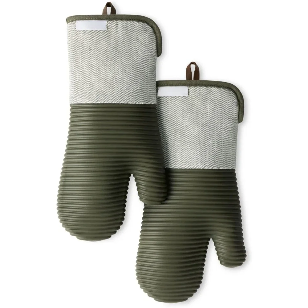 Herringbone Ribbed Soft Silicone Oven Mitts 2-Pack Set, Heat Resistant up to 500°F, Flexible & Waterproof,Forest Green, 7