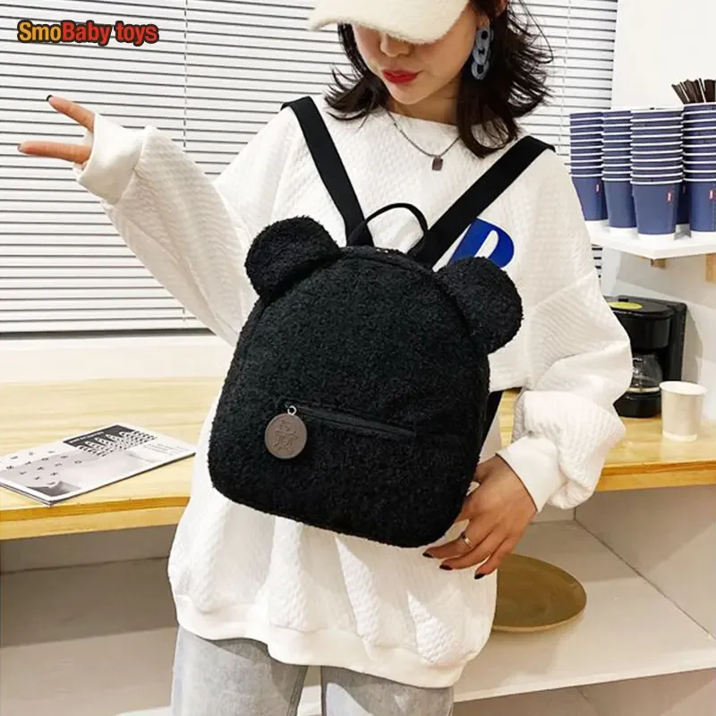 

Newest Bear Ear Backpacks Back Pack Fluffy Lamb Wool Bag for Women Kids Cute Toy Gifts Double Layer Large Capacity Plush Bags