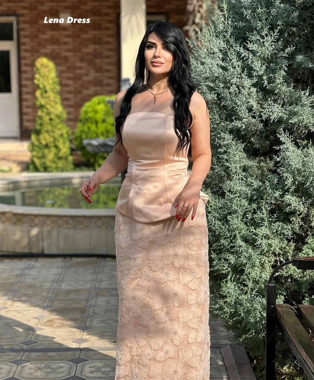 فساتين سهرة لينا فساتين حفلات أنيقة للنساء فستان سهرة نسائي فاخر بدون أكمام وردي مخصص من الدانتيل الزهري