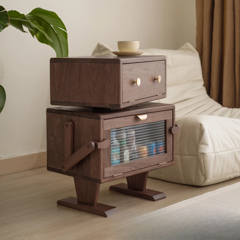 

North American black walnut robot side cabinet solid wood sofa side few living room storage bedside table children's cartoon