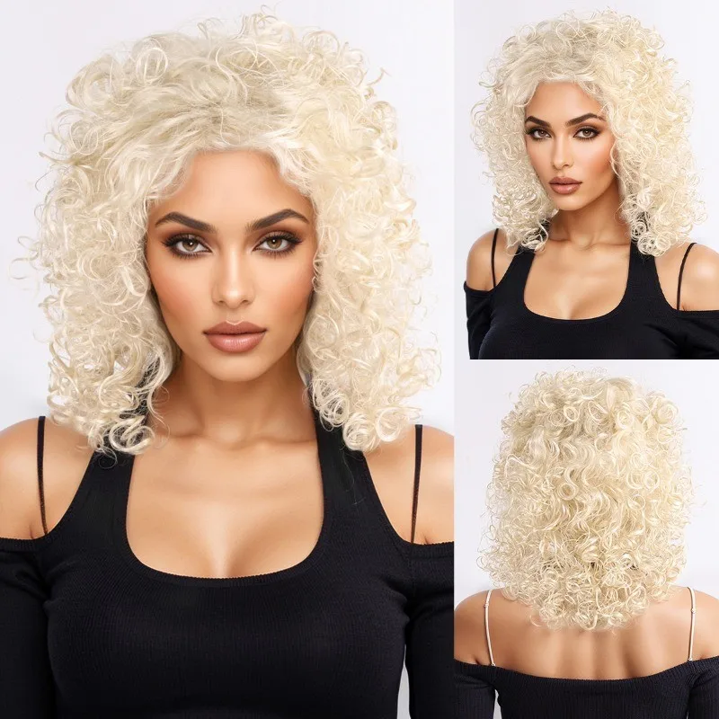 

Women's Wig Med-length Curly Wig Ladies Golden Synthetic Hair Wig+Wig Cap