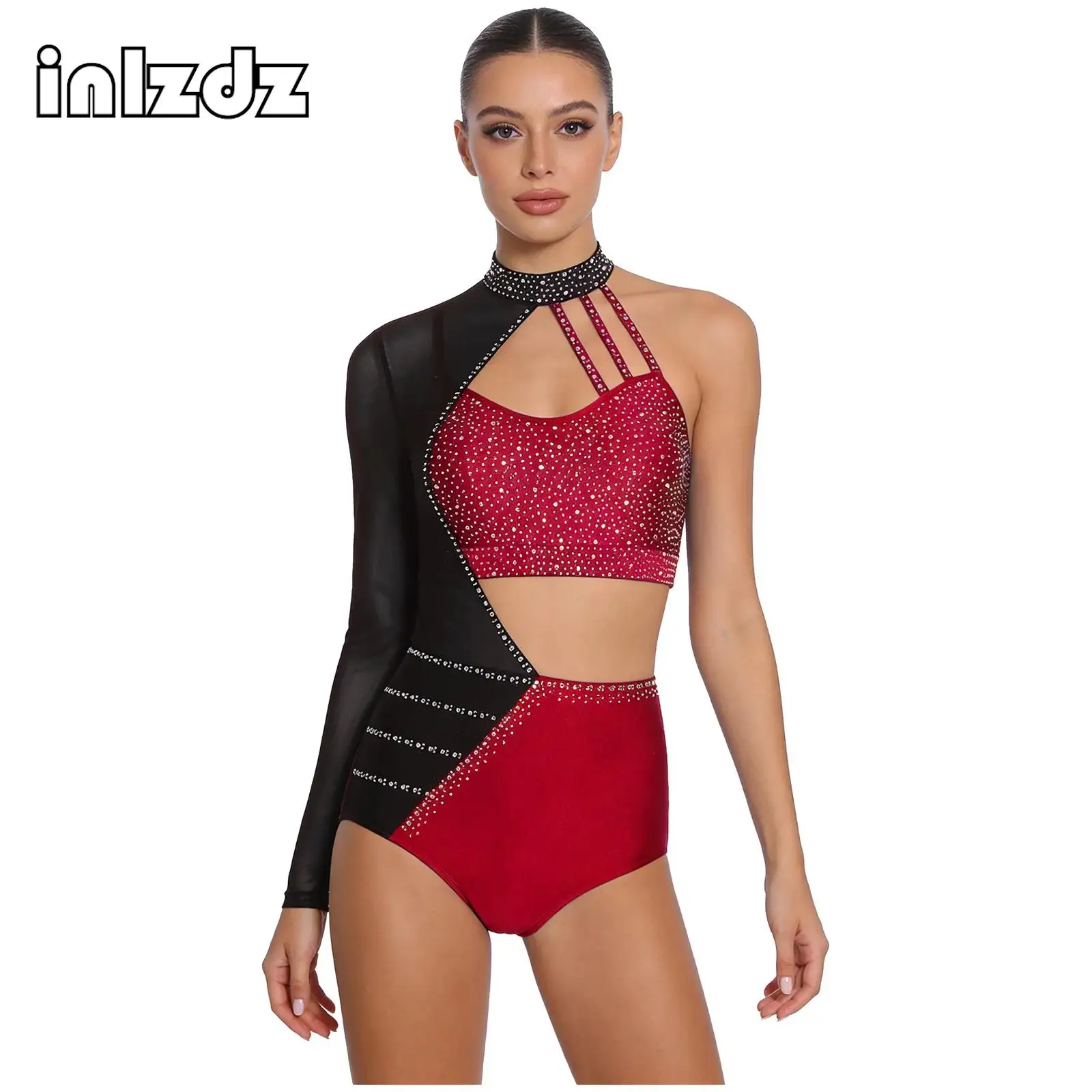 

Womens Gymnastics Figure Skating Tango Cha-cha Rumba Ballet Dance Costume Rhinestone Asymmetrical Hollow Out Leotard Bodysuit