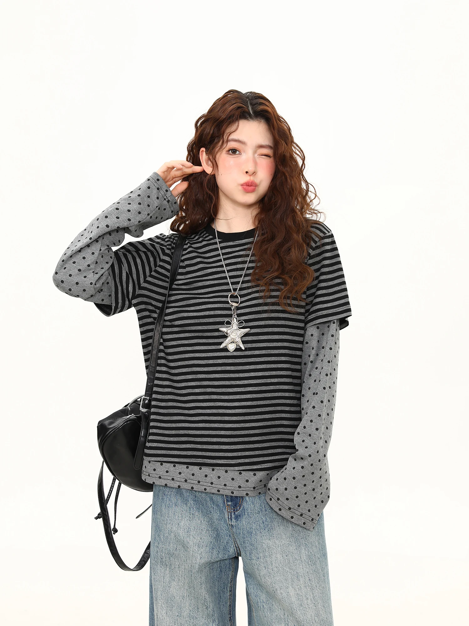 

Wild Azizi Spring New Stripe Long Sve Women's T-irt Loose Fit Casual Sle Polka Dot Design Versatile ort Top