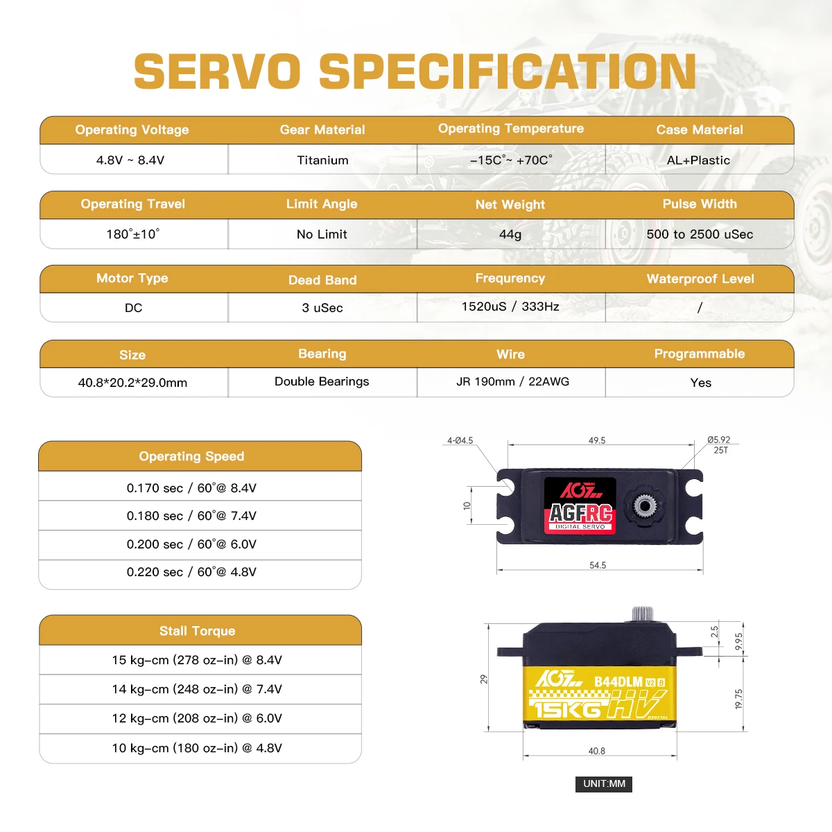 AGFRC Low Profile B44DLM V2 15KG Hi Speed ​​HV Titanium Gear Programável Digital DC Servo para modelos 1/10 1/12 RC Carro de turismo