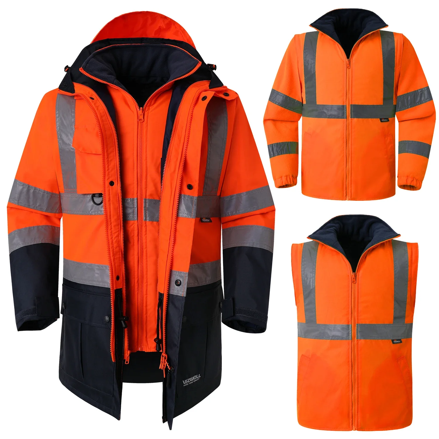 Hi Vis Jacket 5 in 1 Waterproof Parka Windbreaker Workwear Winter Rain Coat with Detachable Linner Keep Warm Safety Jackets