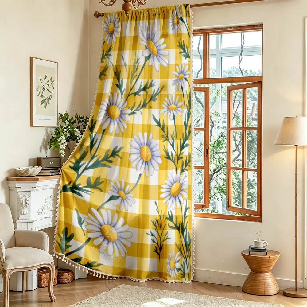 1PC Pastoral Tassel Sheer Curtains, Yellow Plaid Daisy Flower, Digital Print, Linen Polyester, Bedroom Living Room Home Decor