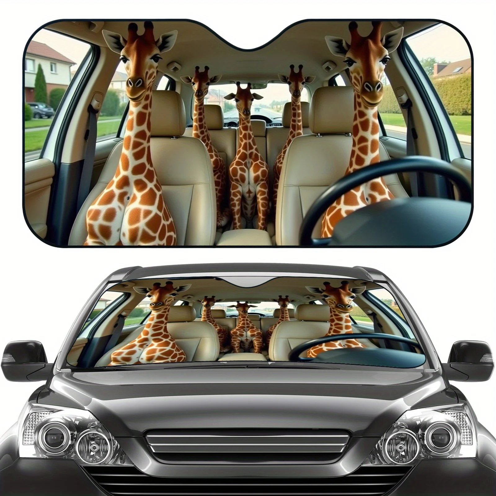 

Sun Protection, 1pc Long-necked Giraffe Theme Windshield Sunshade For Car, Foldable, Easy To Install, Universal, UV Protection A