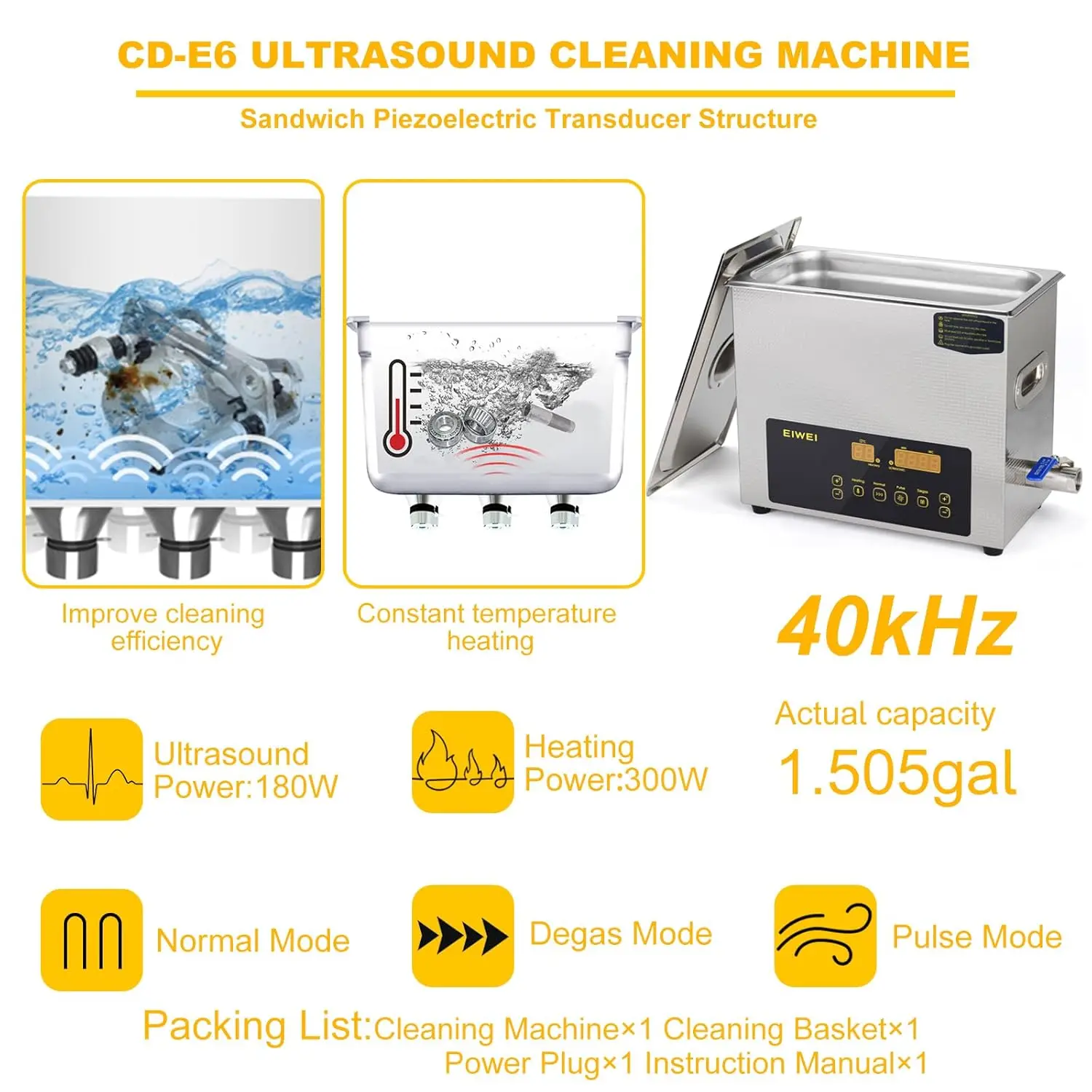 Nettoyeur à ultrasons 6L avec minuterie de chauffage, double fréquence pour bijoux, lunettes, pièces et circuits imprimés